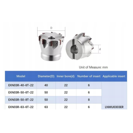 Frez głowica frezarska fi 40-16-6T EXN03R na płytki LNMU0303 40mm C16 6T
